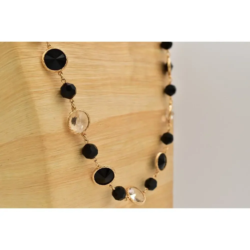 Vintage Open Bezel Crystal Necklace Beaded Black Clear Glass Heavy Chunky BinBJ